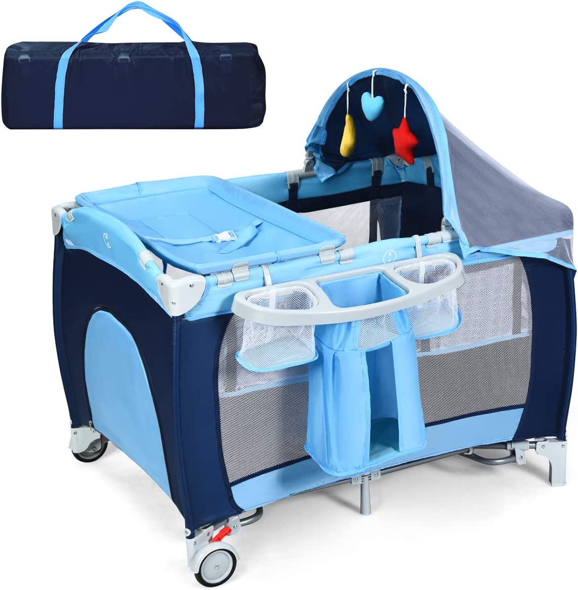 Costway Lit Bébé Parapluie Pour Voyage Avec Matelas Bleu 120 X 60 X 76 Cm