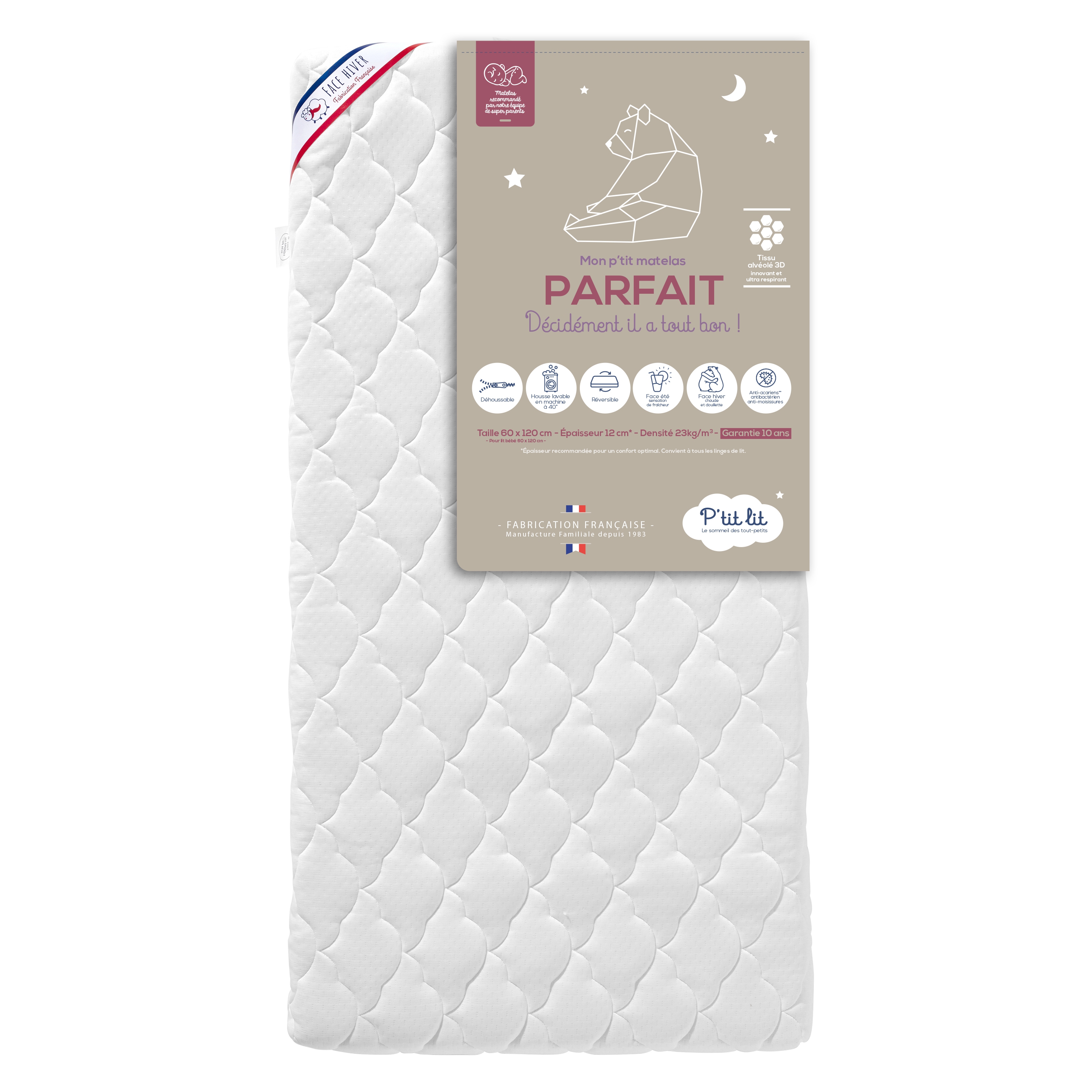 P'tit Lit - Matelas Bébé Parfait | 60x120 Cm | 1 Face Été - 1 Face Hiver | Anti Acari