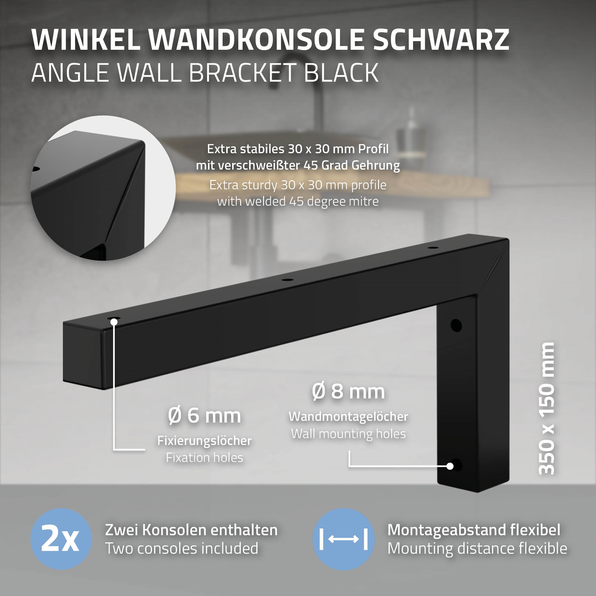 Set 2x Consoles Murales Équerre Supports D'étagères En Acier Noir 350x150x30 Mm