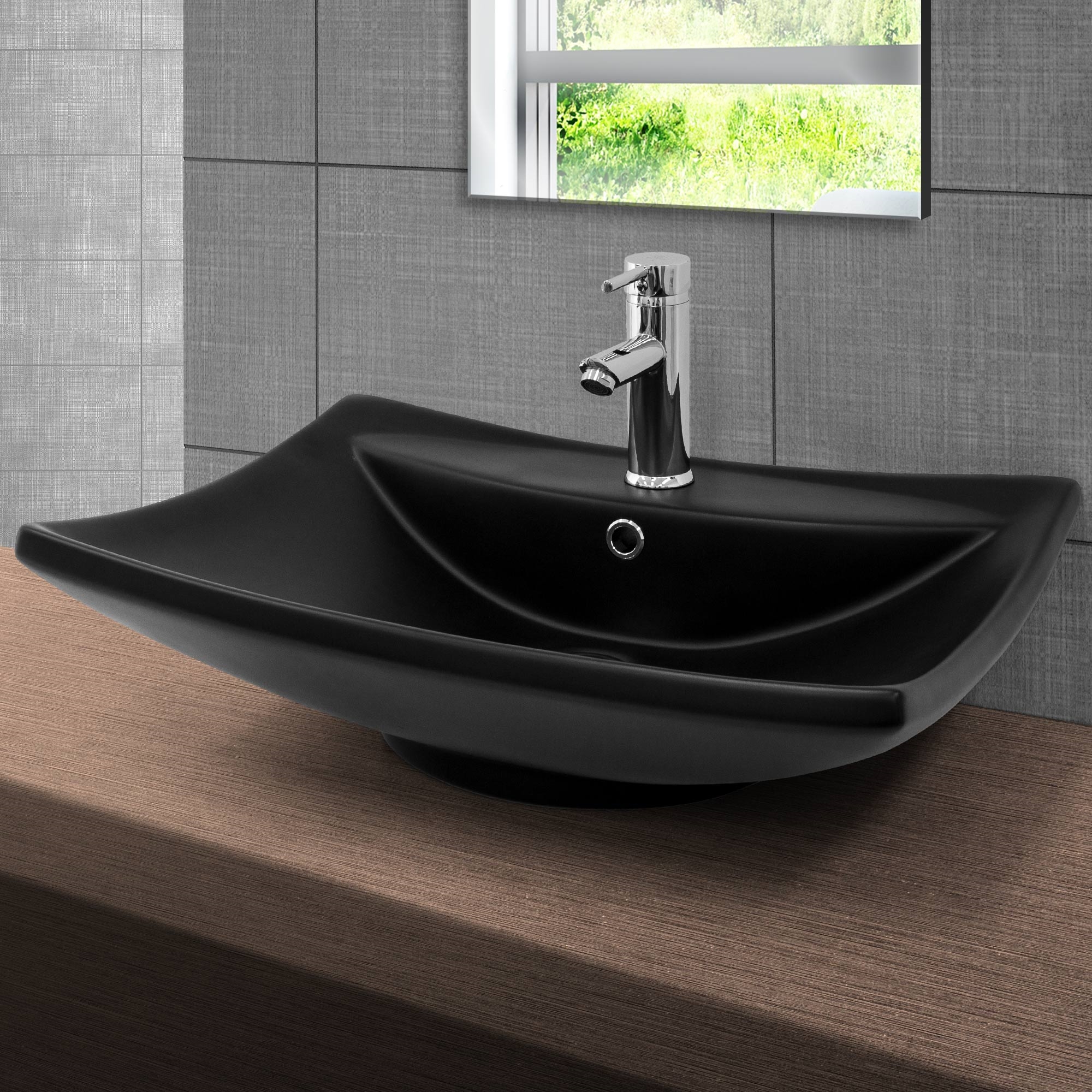 Lavabo Céramique Noir Avec Garniture De Vidage Lave-mains Moderne 610x455x185 Mm