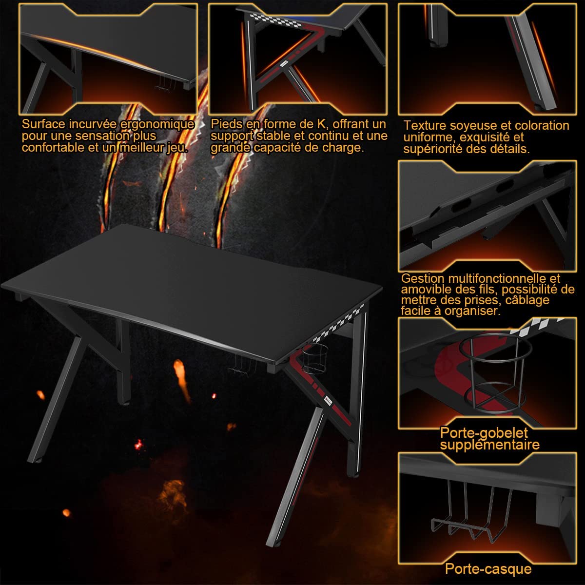Costway Bureau Gamer Table Informatique 115 X 75 X 76 Cm Avec Porte-gobelet