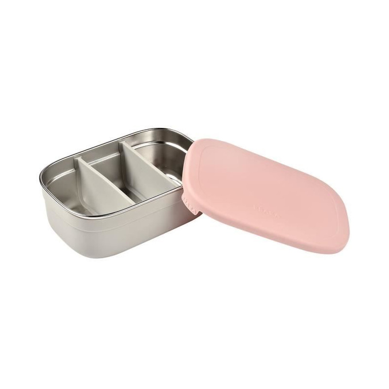 Beaba, Boîte Repas Enfant En Inox, Couvercle En Silicone Et Housse De Protection, Gris Velours Et Rose Poudré