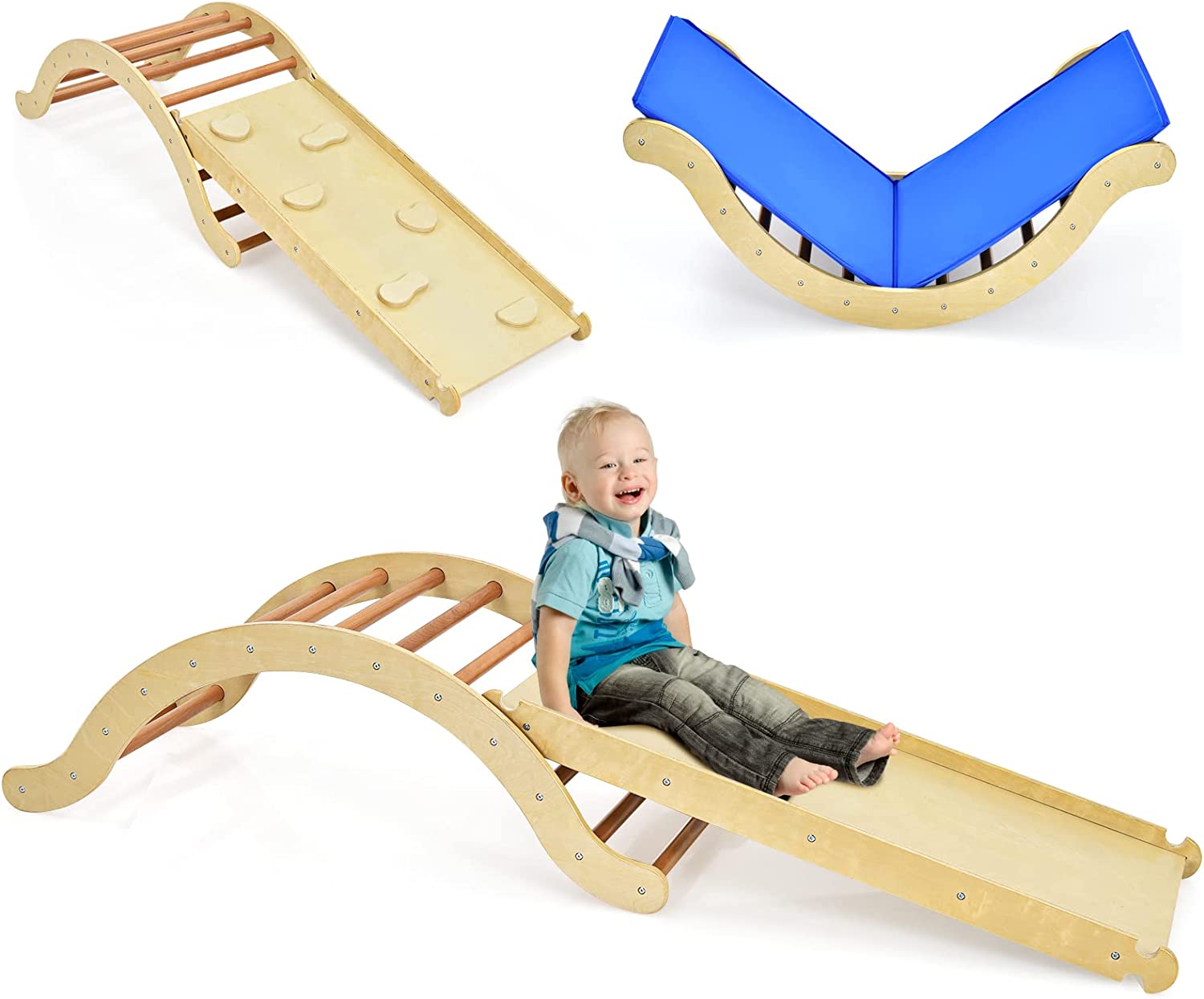 HOMASIS – Triangle D’escalade 4 En 1 Montessori – Arche, Rampe, Corde Et échelle – Cadre En Bois Massif, Licorne, 3 Ans+