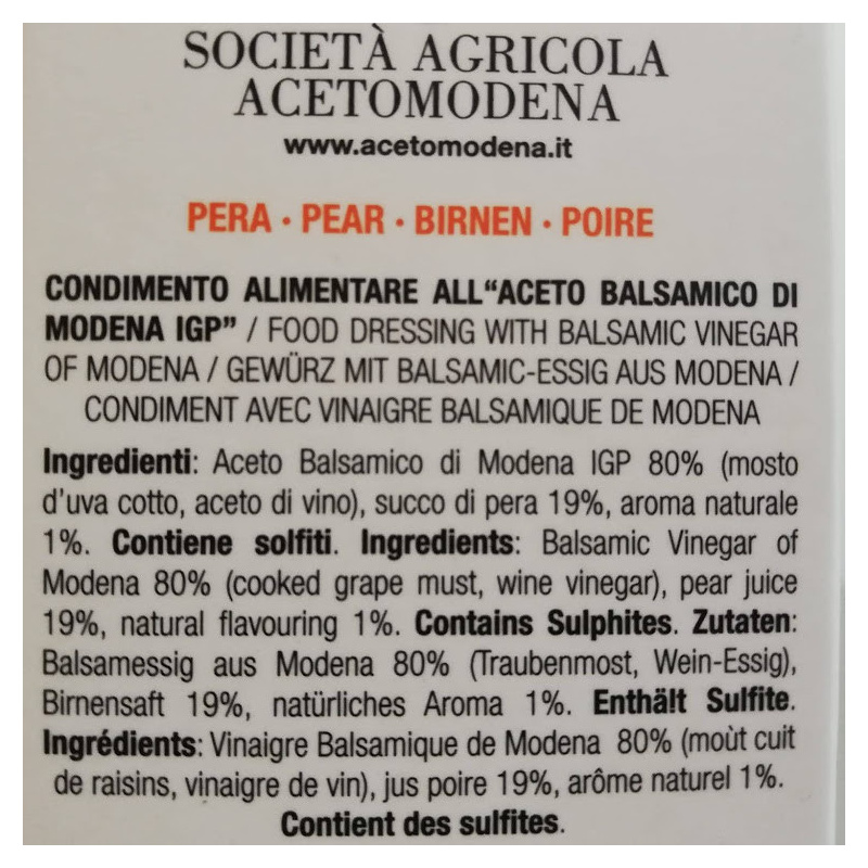Condiment Au Vinaigre Balsamique De Modena Igp Et Poire 100 Ml SOCIETA AGRICOLA ACETOMODENA
