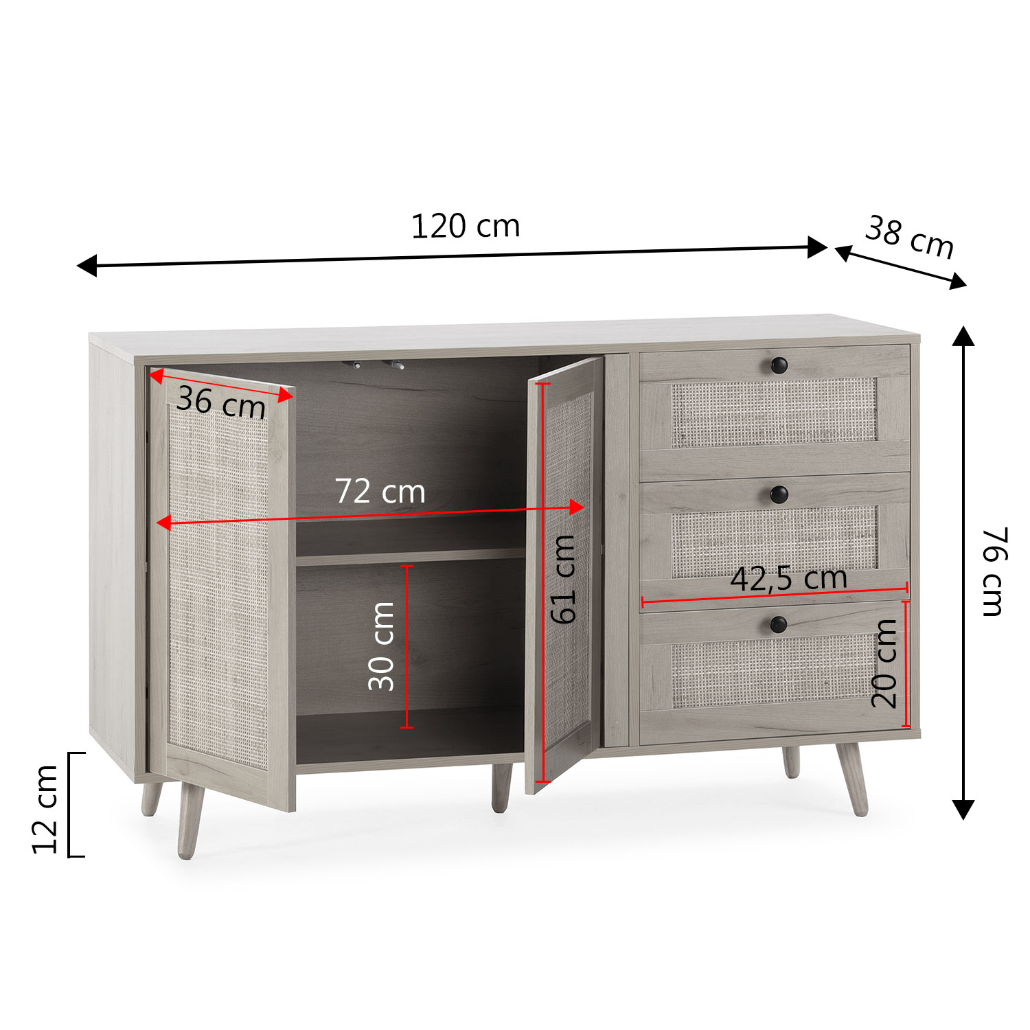 Buffet Bella 3 Tiroirs Et 2 Portes En Chêne, 120 Cm