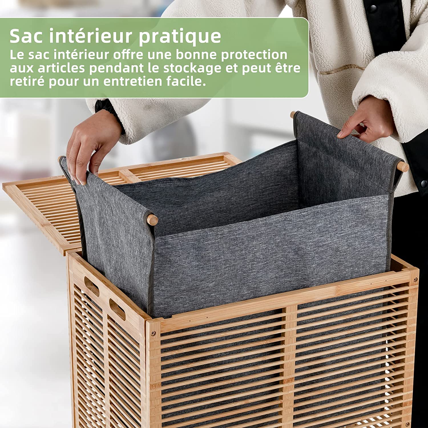 Panier À Linge 80l En Bambou, Corbeille À Linge Avec Couvercle, Sac À Doublure, Poignées Et Design De Lattes