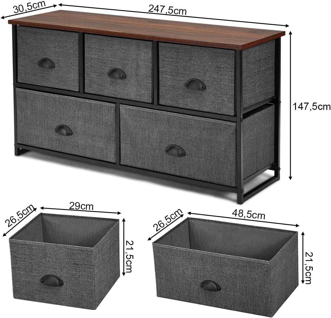 Meuble De Rangement À 5 Tiroirs Amovibles Étagère 247,5 X 30,5 X 147,5 Cm