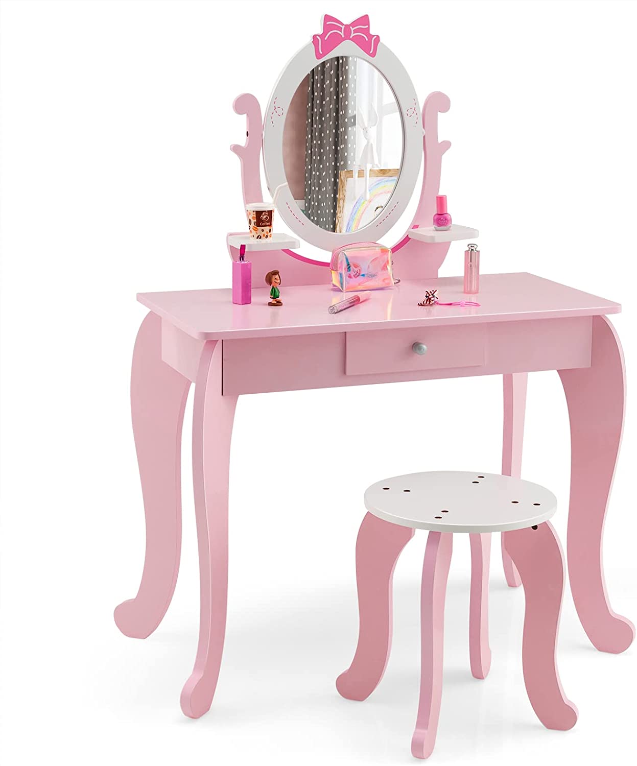 Coiffeuse Pour Enfant Avec Tabouret, Table Maquillage En Bois Avec Miroir Rotatif Ovale