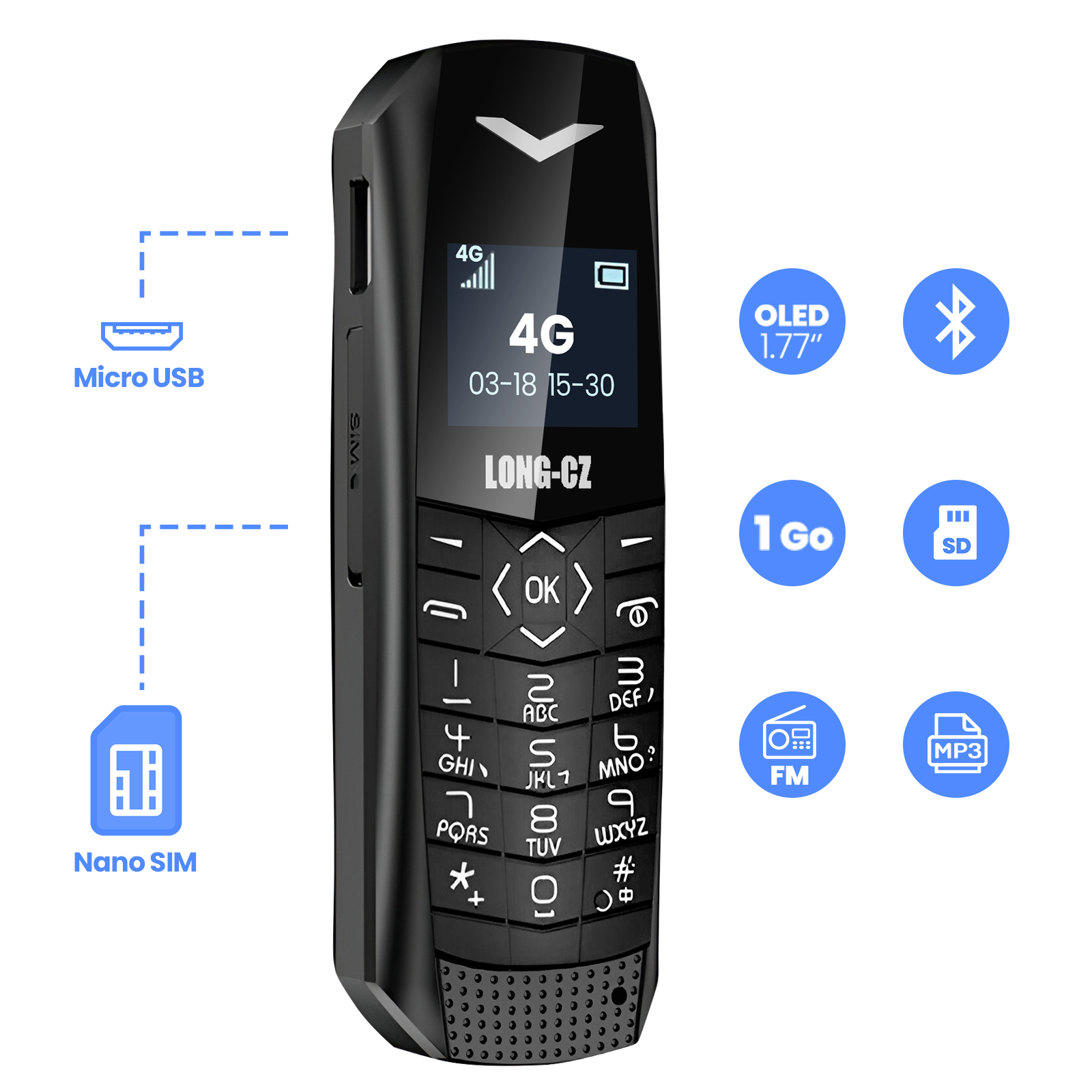 Mini Téléphone Portable 4g Lte Ultra Compact Autonomie 5 Heures Noir