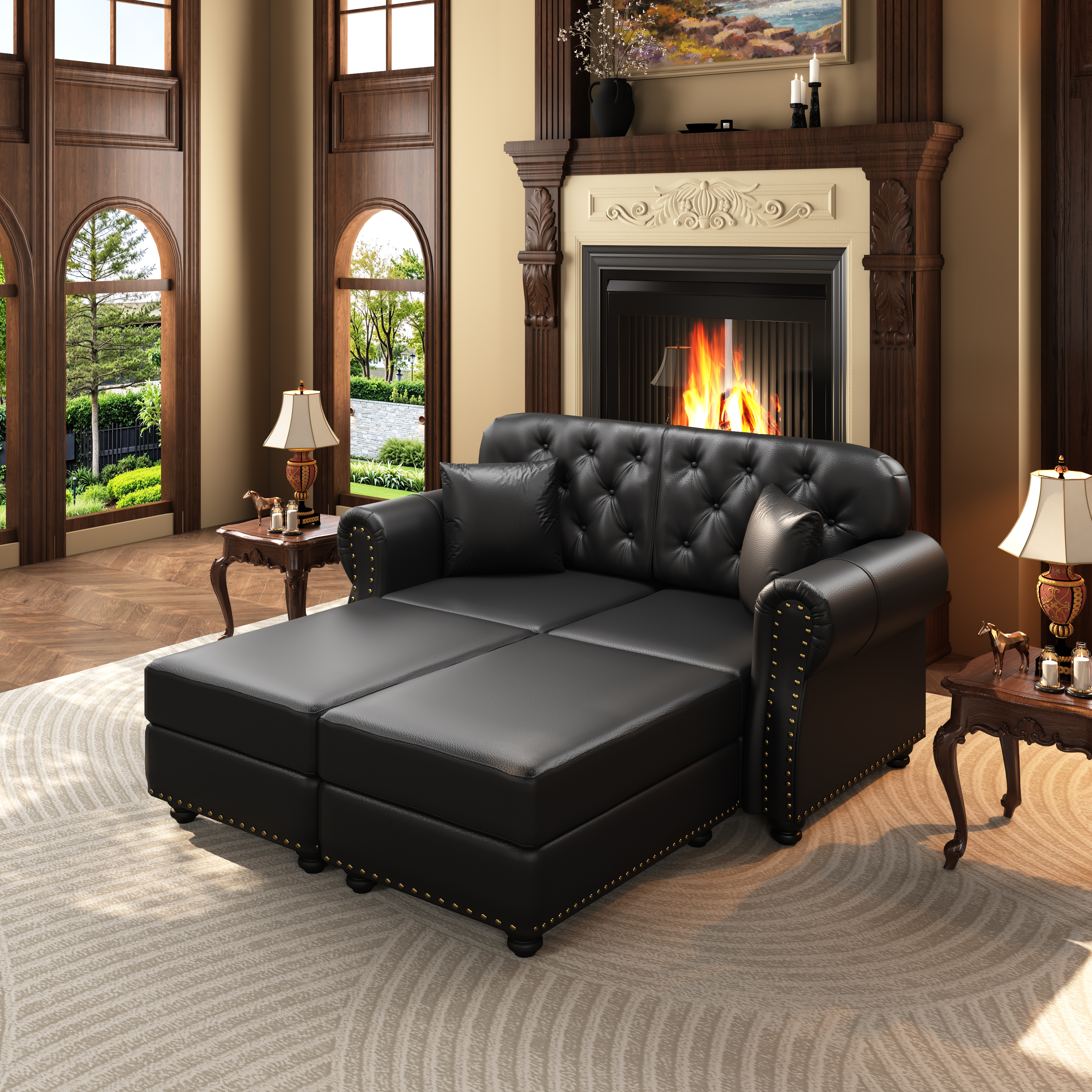 Canapé style Chesterfield 2 places + 2 poufs en revêtement simili cuir noir, 160 cm