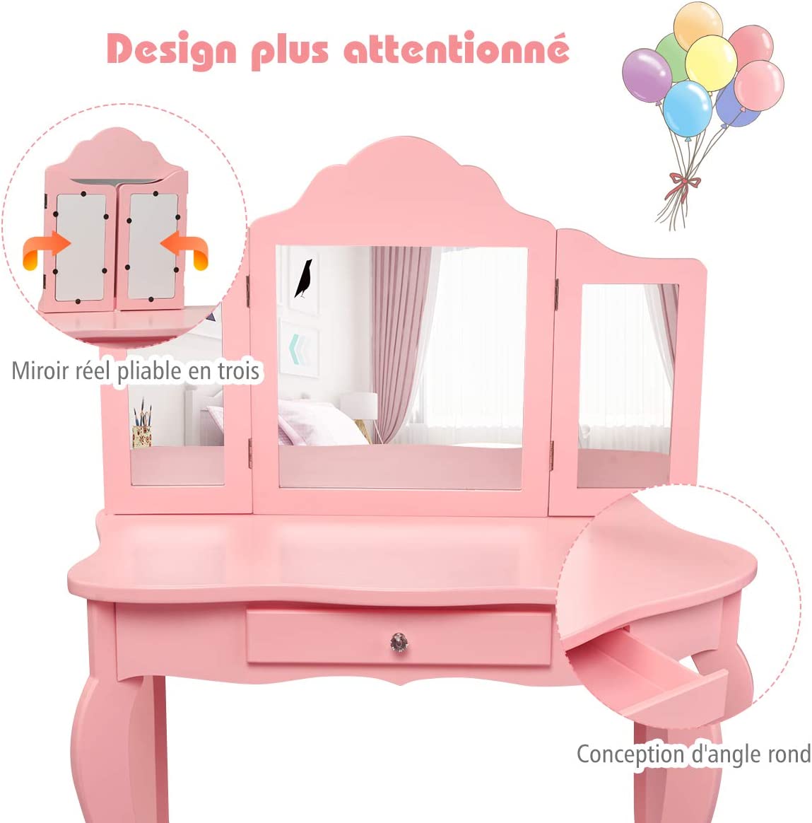 Costway Coiffeuse Enfant Rose Avec Tabouret