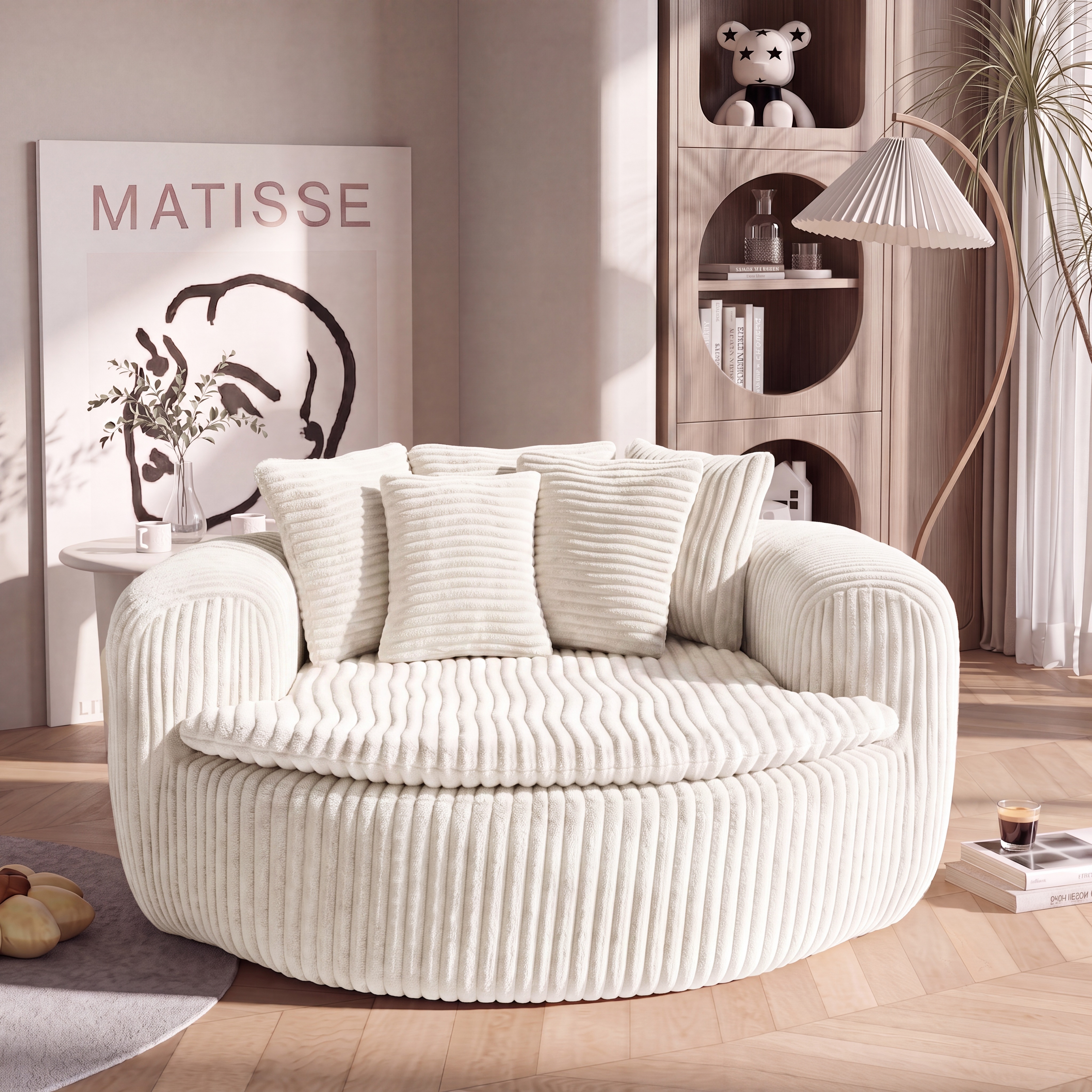 Pouf lounge côtelé en velours côtelé beige avec assise profonde et 5 coussins pour...