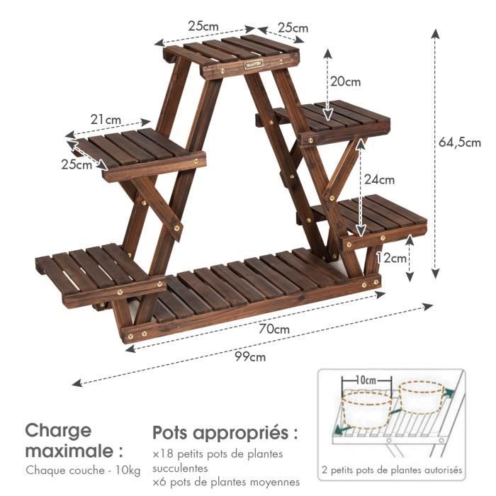 Étagère Pour Plantes En Bois 6 Tablettes 99x25x64,5cm, Support Plante Charge 10kg Par Niveau Terrasse