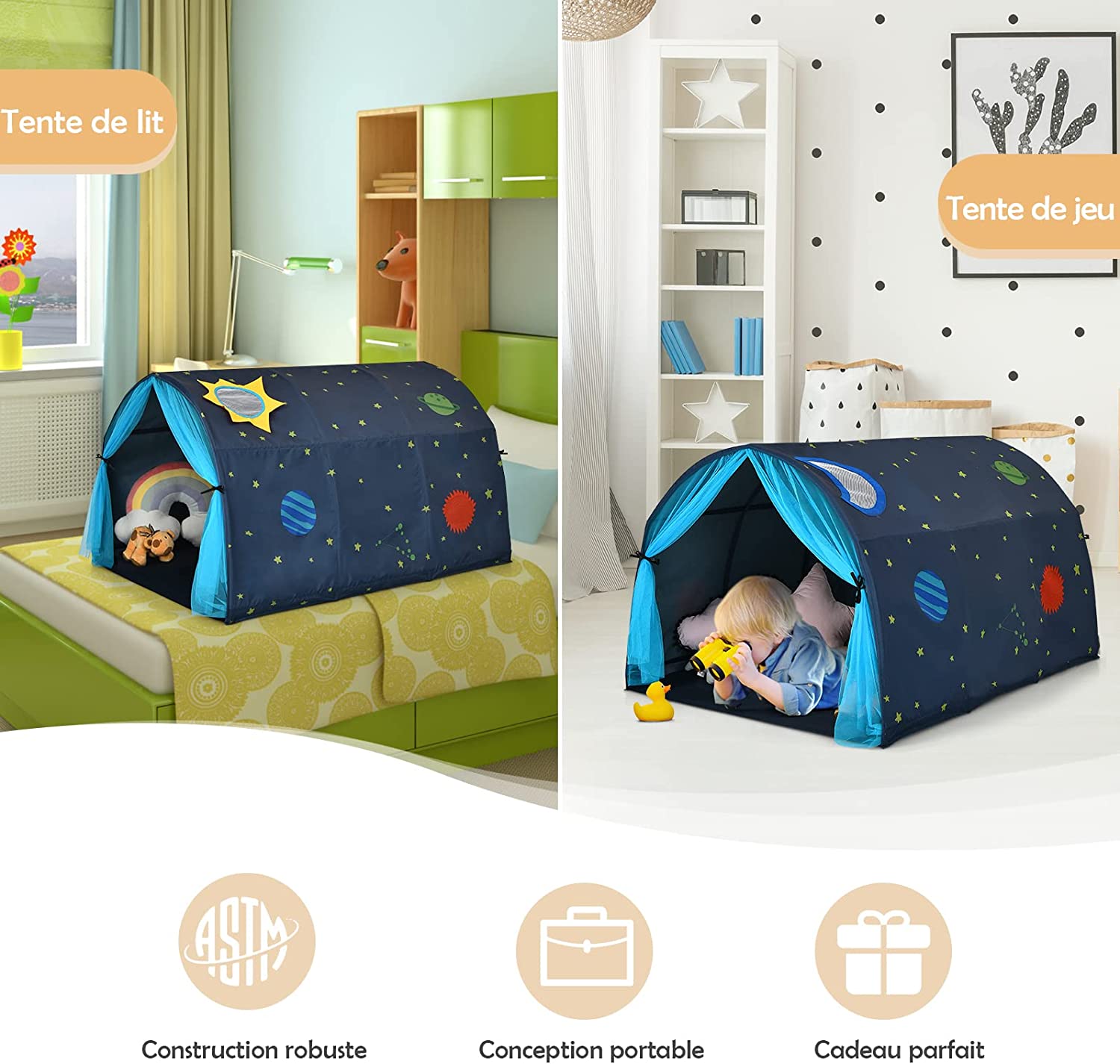 Costway Tente De Lit Enfants Tente De Rêve Portable Avec Double Rideau En Maille