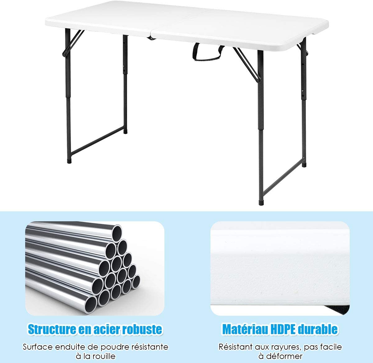 Costway Table Pliante Pour Camping 122 X 61cm Hauteur Réglable À 3 Positions Capacité De Charge 150kg
