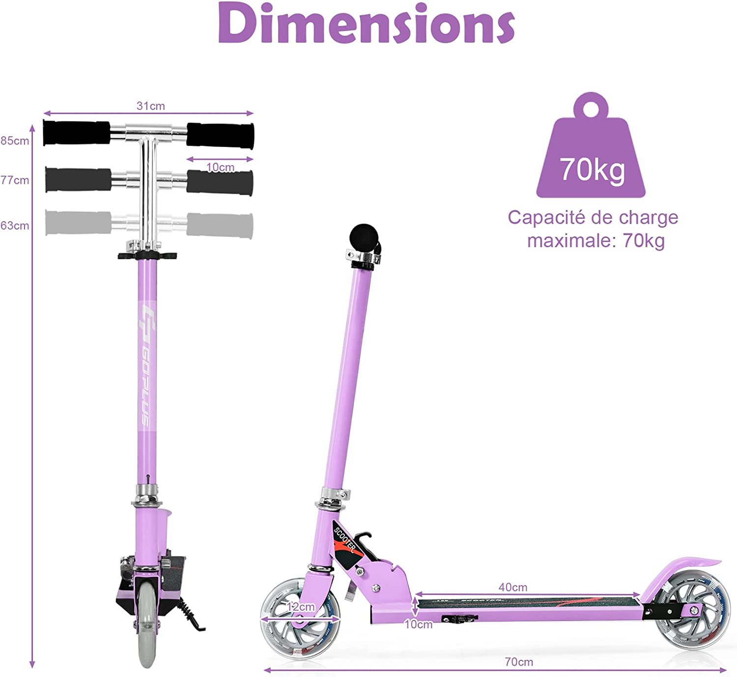 Costway Trottinette Enfant Pliable 2 Roues Patinette Pliante Enfant De 4 À 13 Ans Kick Avec Led