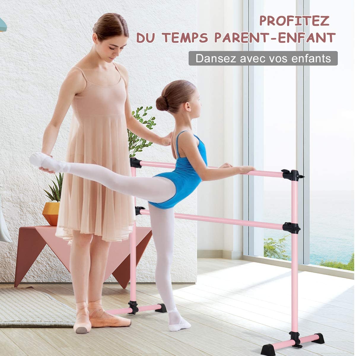 HOMCOM Double Barre De Danse Sur Pied – Hauteur Réglable 75-150 Cm, Bois Massif, Charge Max 60 Kg – Idéal Enfants & Adultes, Rose & Naturel
