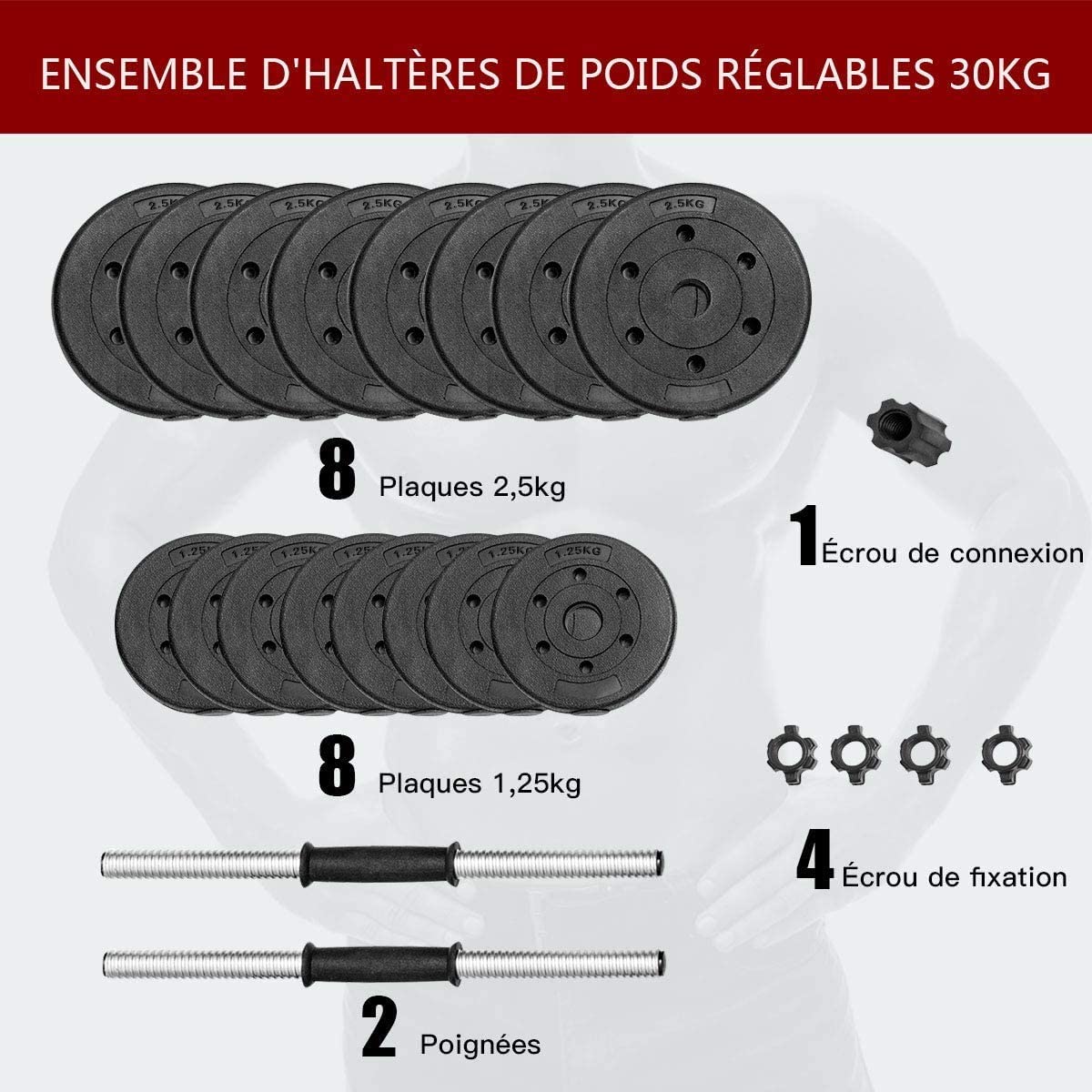 Costway Kit Haltères De Musculation Avec Disque Ajustable 30kg Revêtement Haltère Courte Poids