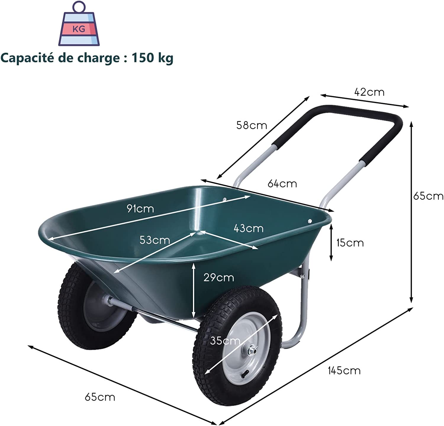 Brouette De Jardin 2 Roues Pneus Pneumatiques Ø35cm 141l Charge Max 150kg Résistante