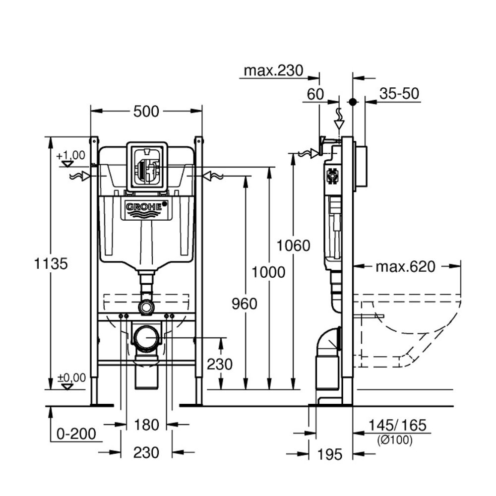 Grohe Bâti Support Wc Rapid Sl Project + Plaque De Commande Skate Air Blanc Alpin