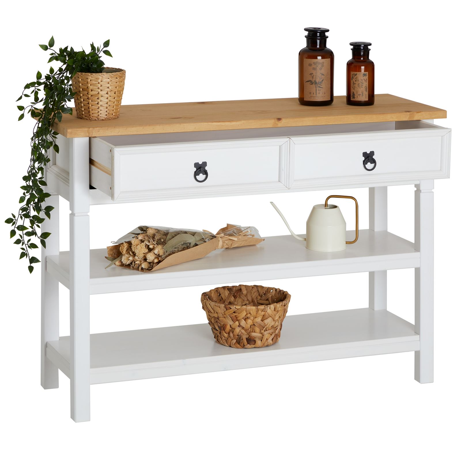 Table Console En Pin Tequila Style Mexicain, 1 Grand Tiroir Et 2 Étagères, Lasuré Bla