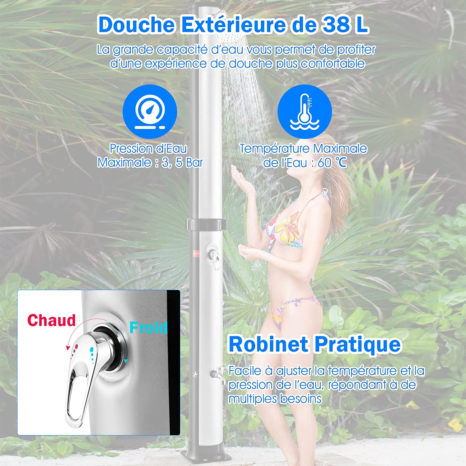 Costway Douche Solaire De Jardin 38l 217,5cm Avec Pommeau