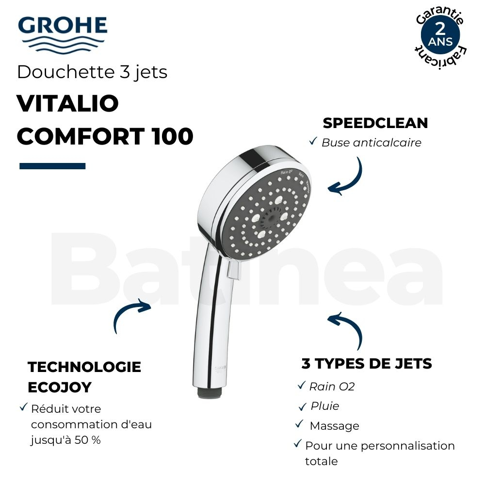 Pommeau De Douche Grohe Quickfix Vitalio Comfort 100 3 Jets Chromé