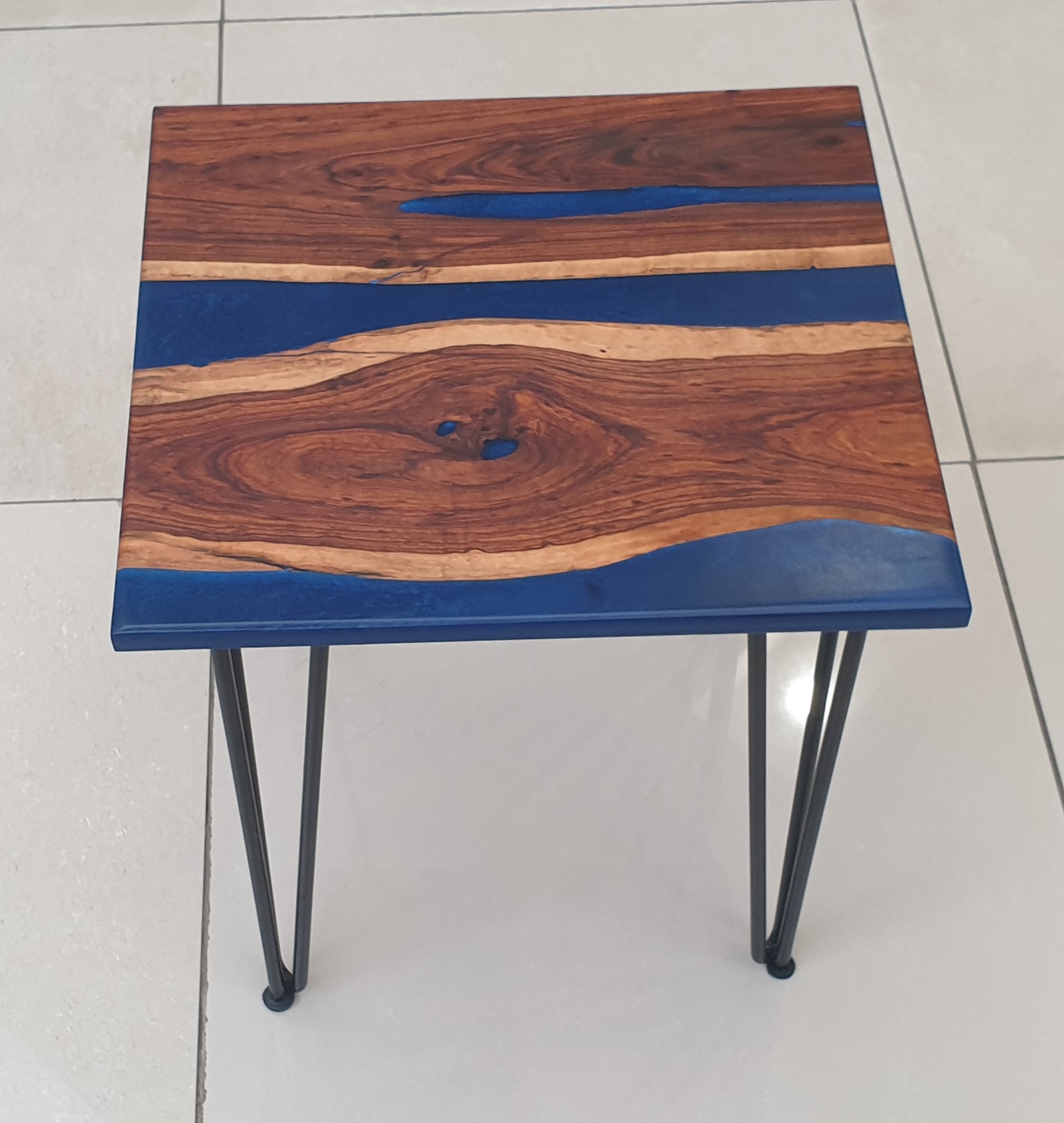 Pearlescent blue resin and Tambuti  wood side table