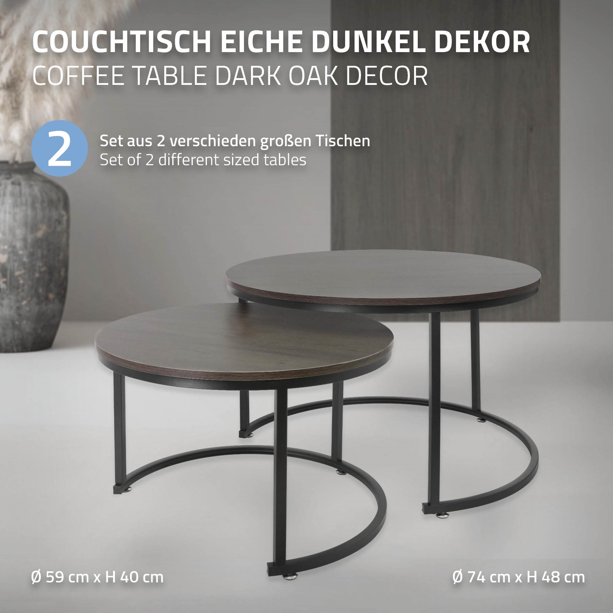 Set 2 Tables D'appoint De Salon Tables Gigognes En Mdf Noir Ø 74x48/ø 59x40 Cm