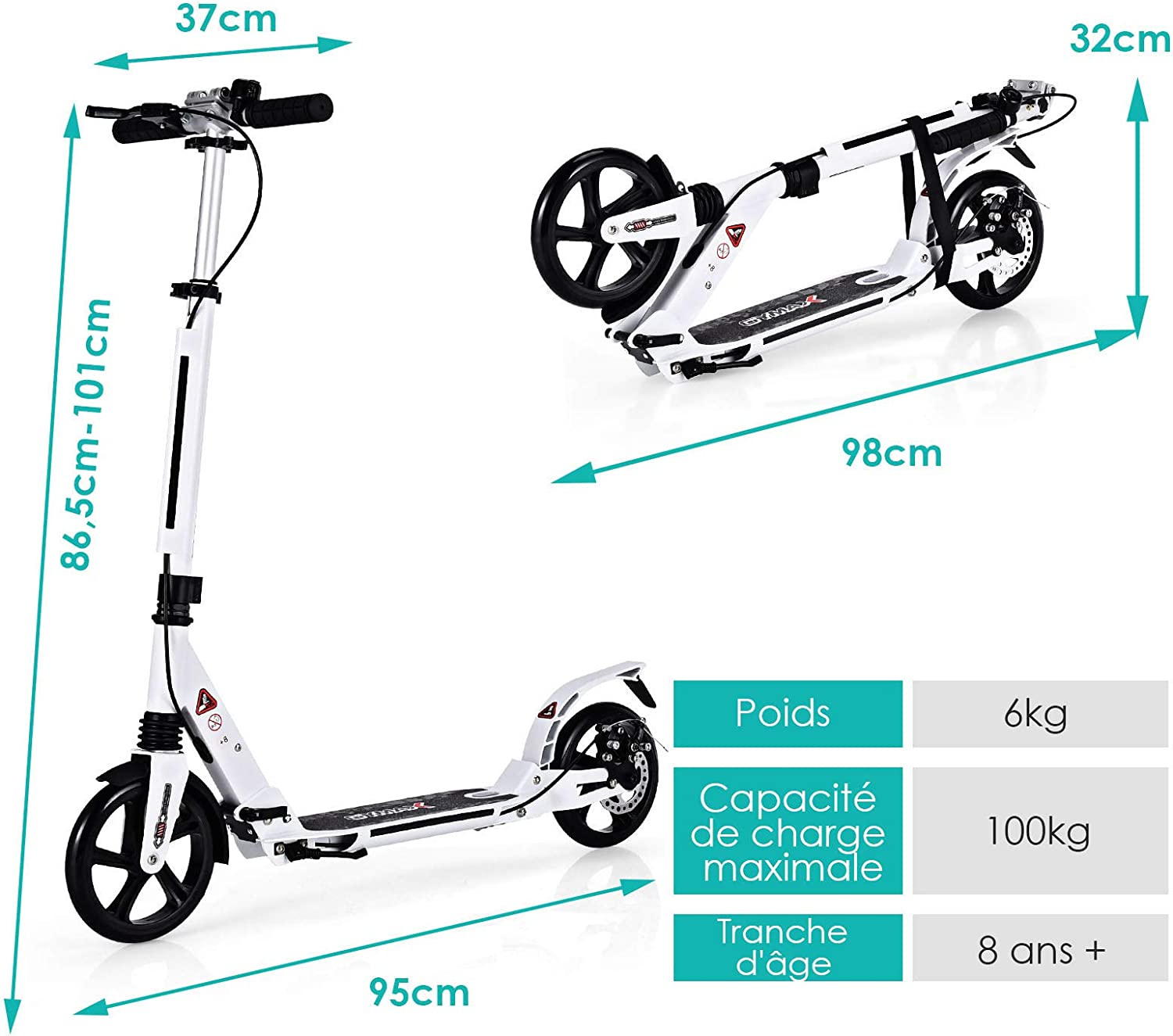 Costway Trottinette Pliable Avec Frein À 2 Roues Pour Enfant Plus De 8 Ans Hauteur Réglable En 3 Positions Fait
