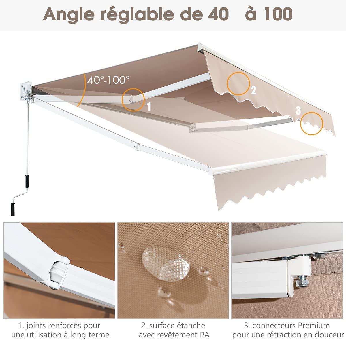 Auvent Rétractable Manuel, Angle Ajustable 40°-100° Sans Perçage En Aluminium Et Tissu