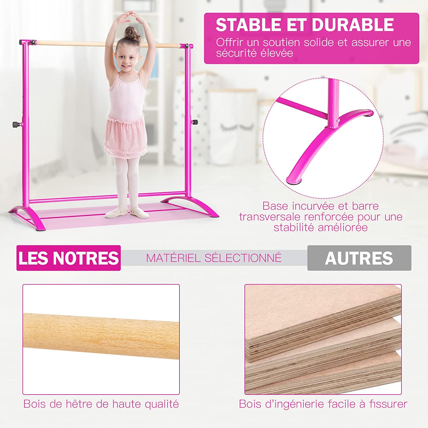 Barre De Ballet Réglable - 10 Hauteurs - Stable Avec Patins Antidérapants - Rose - Enfants/Adultes