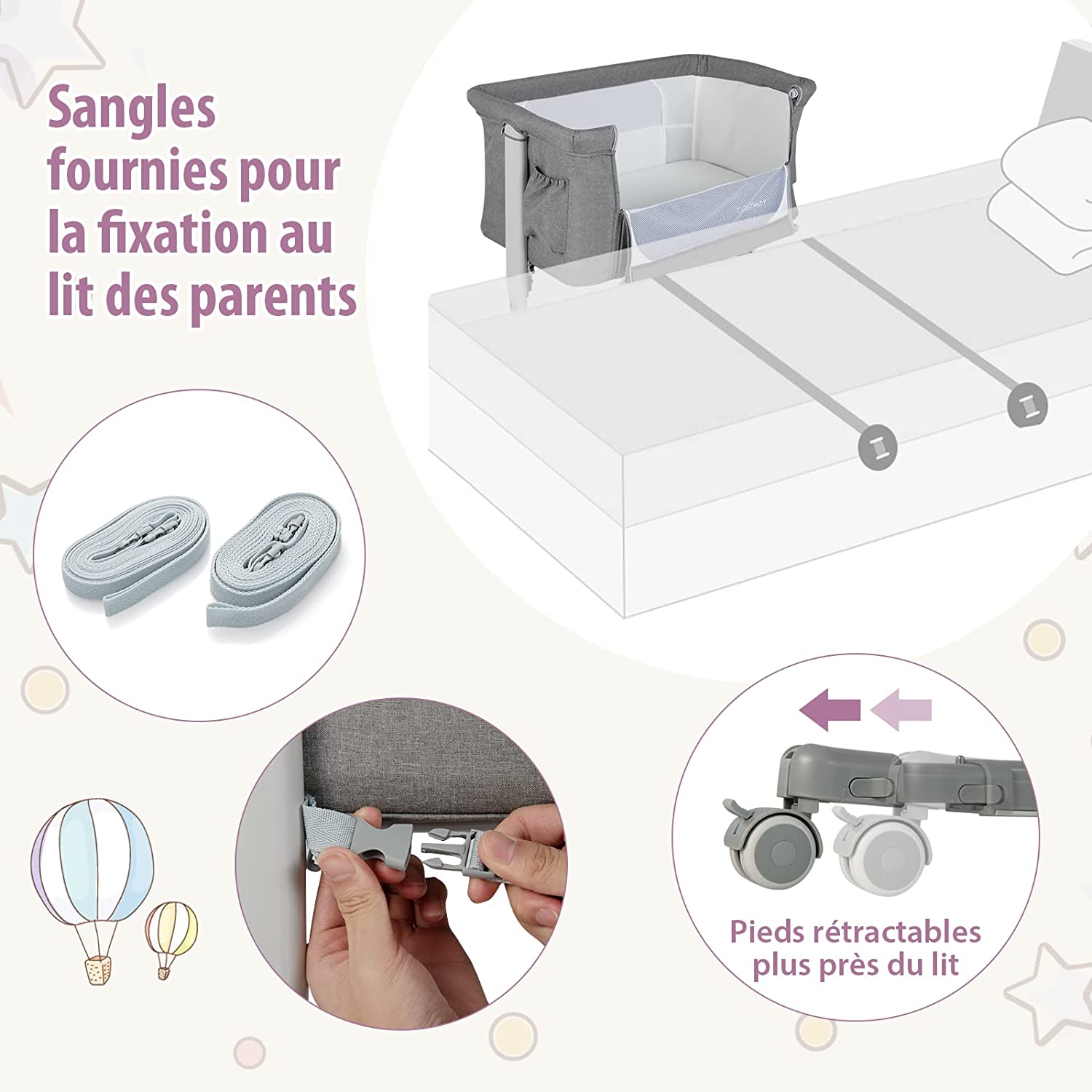 Lit Cododo Bébé 3 En 1 Avec Hauteur Réglable 5 Niveaux, Lit Berceau Inclinaison De 10° Avec Matelas Confortable