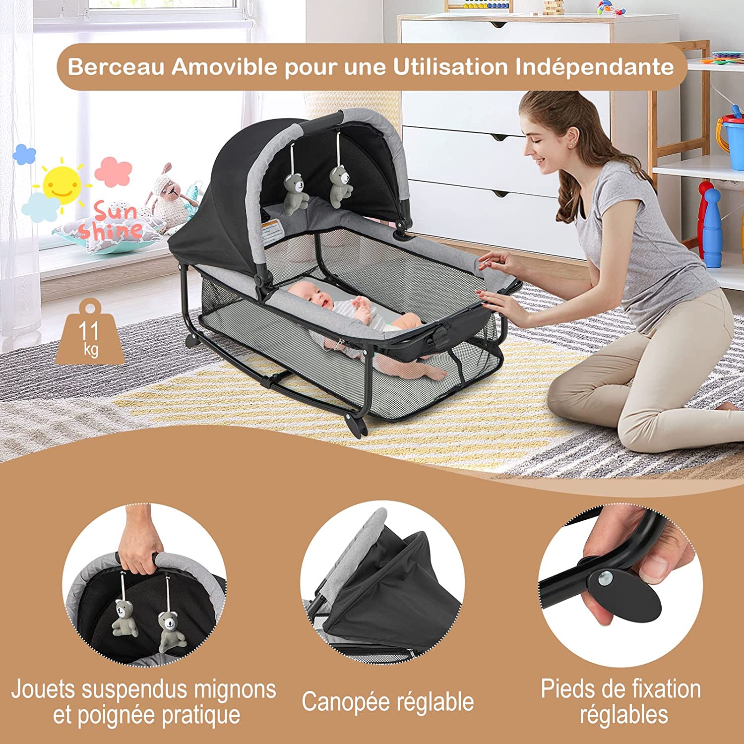 Lit Parapluie Bébé Pliable 5 En 1 Matelas Table À Langer En Forme U Avec Auvent Réglable,2 Jouets, Entrée Latérale Noir
