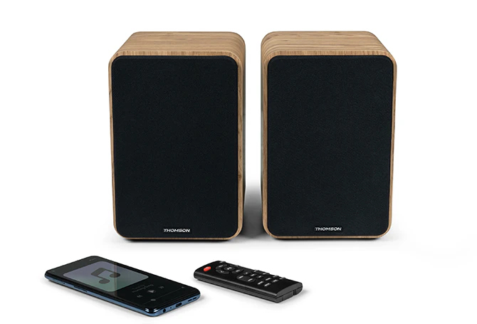 THOMSON WS602DUO - Set di 2 altoparlanti con cabinet in legno - 100W - Bluetooth 5.0 - 2 uscite RCA - Legno chiaro