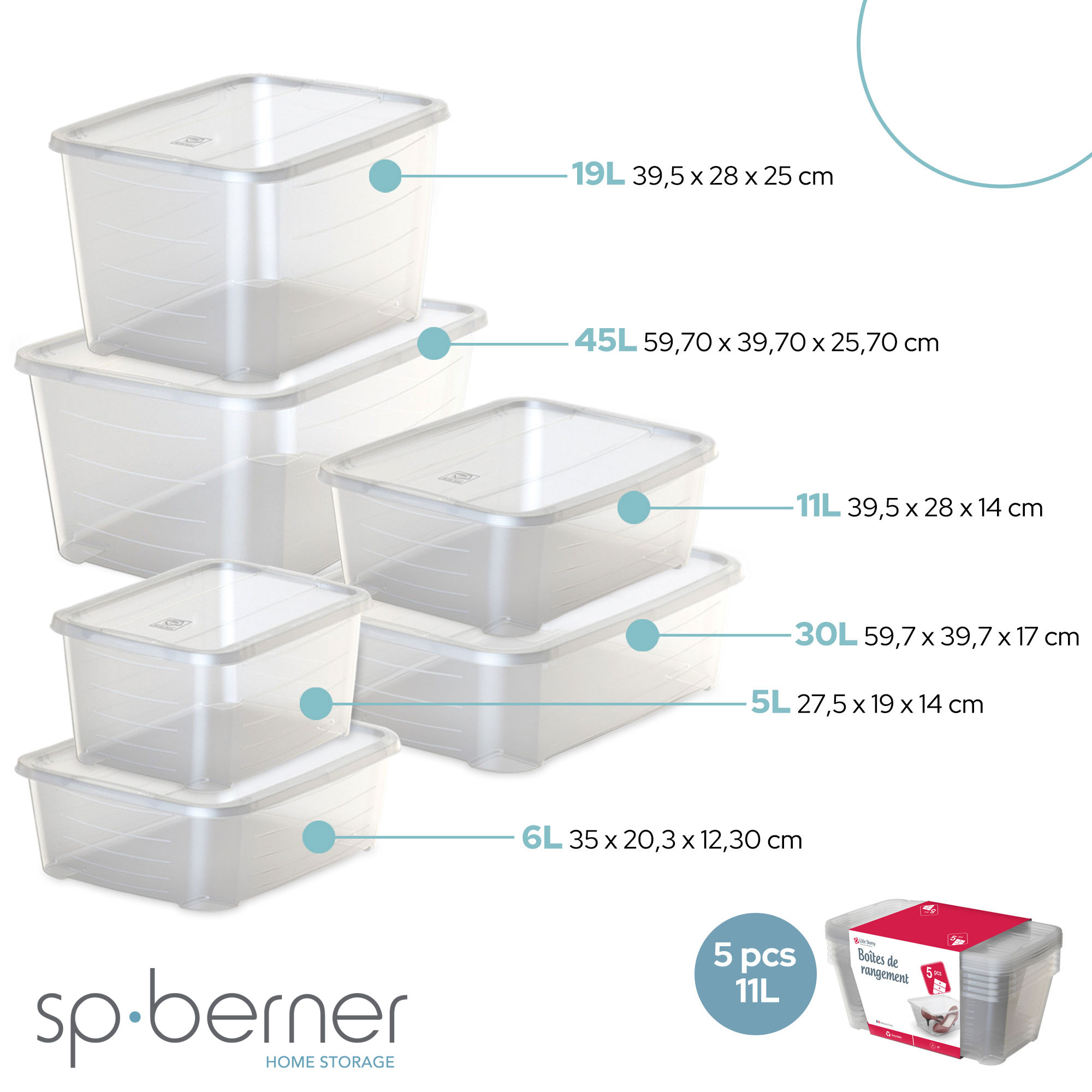 Lot De 5 Boîtes En Plastique 11l 39,5x28x14