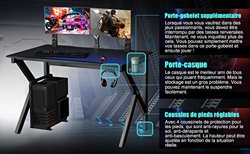 Costway Bureau Gamer Table Informatique 115 X 75 X 76 Cm Avec Porte-gobelet