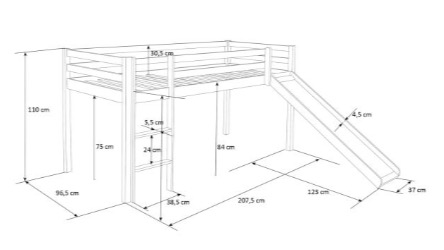 Lit Mezzanine Gris 90x200 Avec Toboggan Echelle Et Tunnel Coulissant