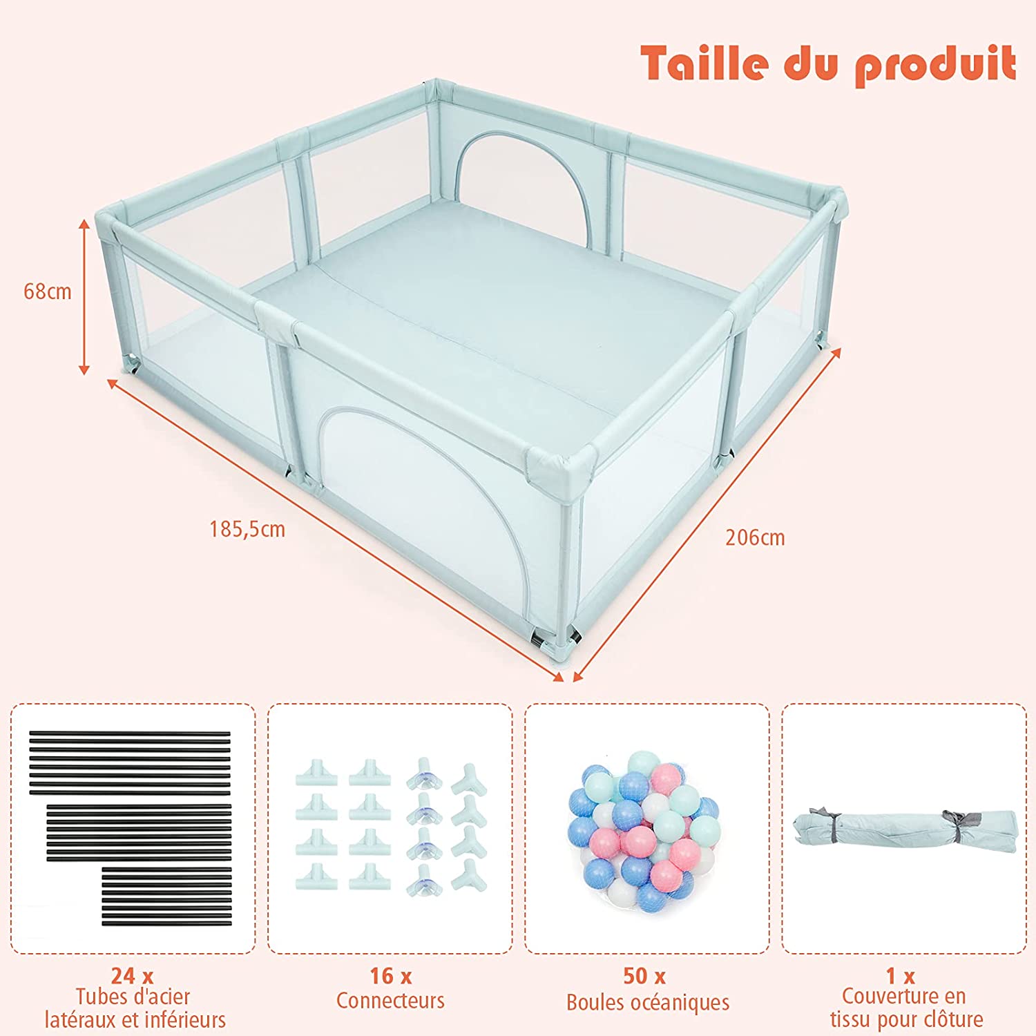 Parc De Jeu Pour Bébé Géant Avec 50 X Balles, Pieds Avec Ventouses, 206 X 185,5 X 68 Cm Bleu