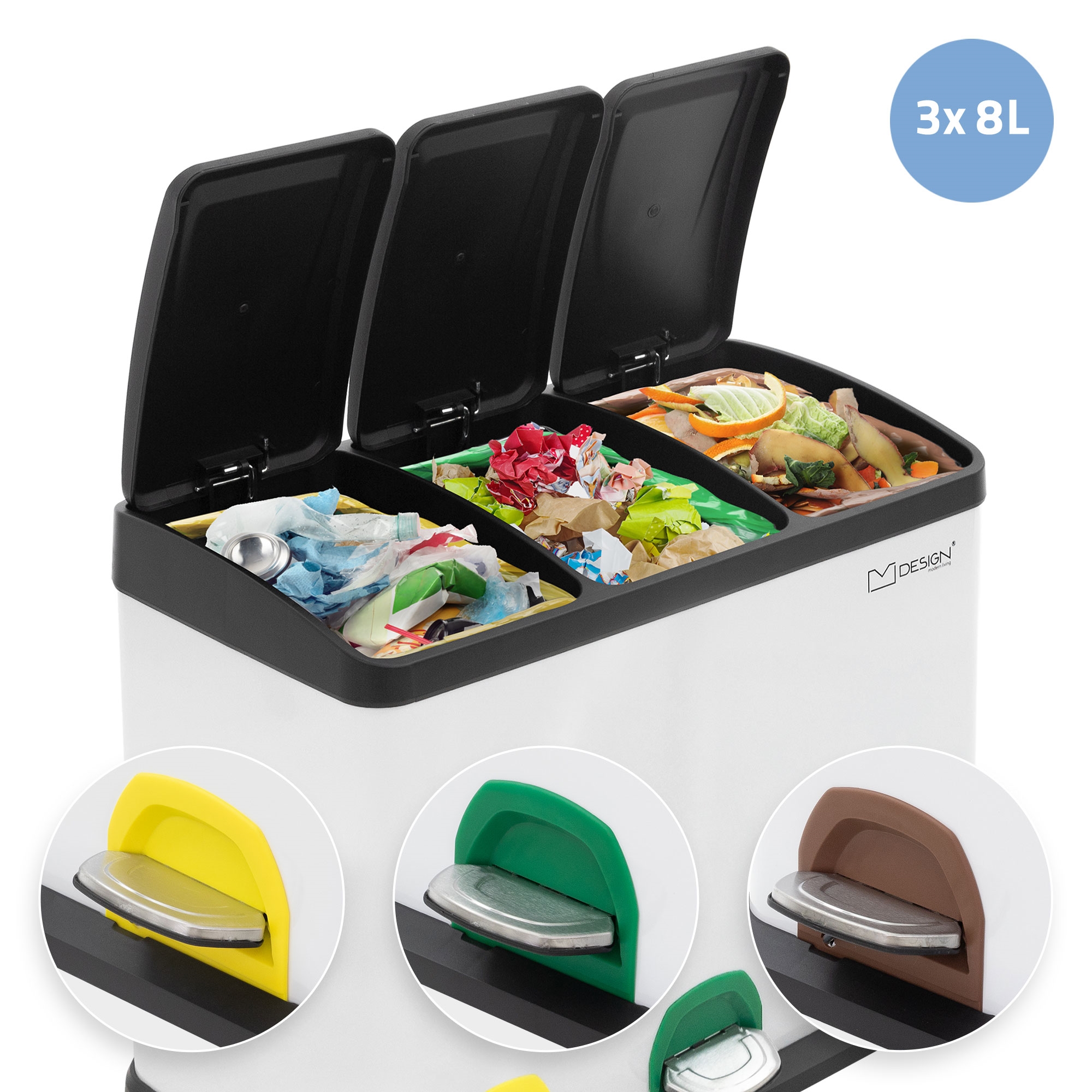 Poubelle À Pédale Système De Tri Des Déchets Poubelle 3 X 8 L Blanc