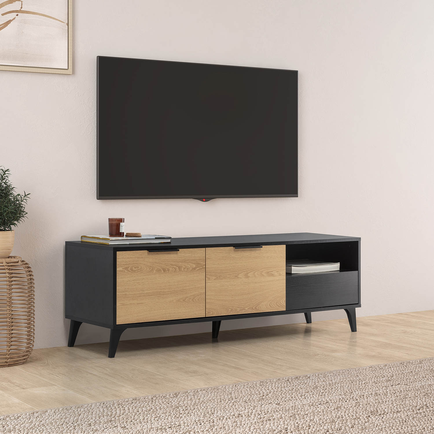 Meuble Tv Kalma 2 Portes 1 Tiroir Noir/chêne, Longueur 136 Cm
