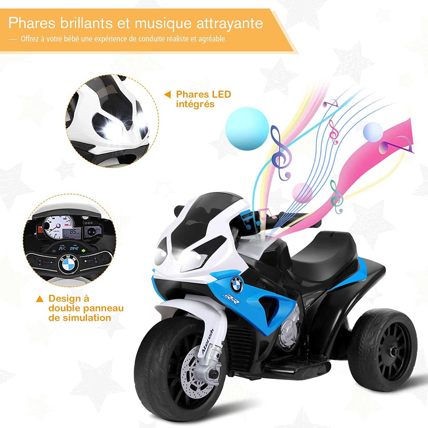 Moto Electrique Pour Enfants À 3 Roues Avec Phare Lumineux, Musiques 6 V / 4ah 2,5 Km/h
