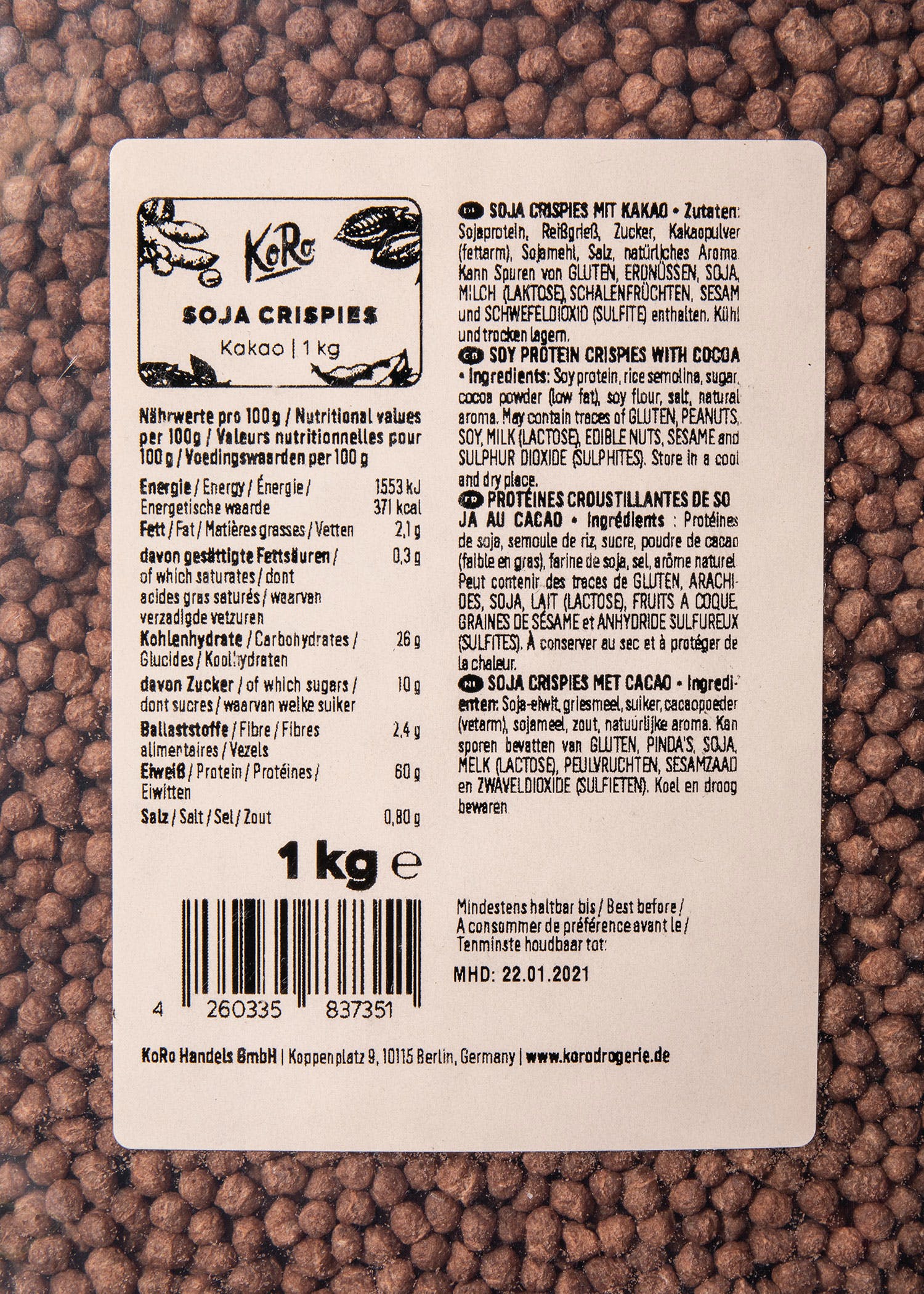Koro - Soja Crispies (58 %) Au Cacao 1 Kg : l'unité de 1 kg à Prix ...