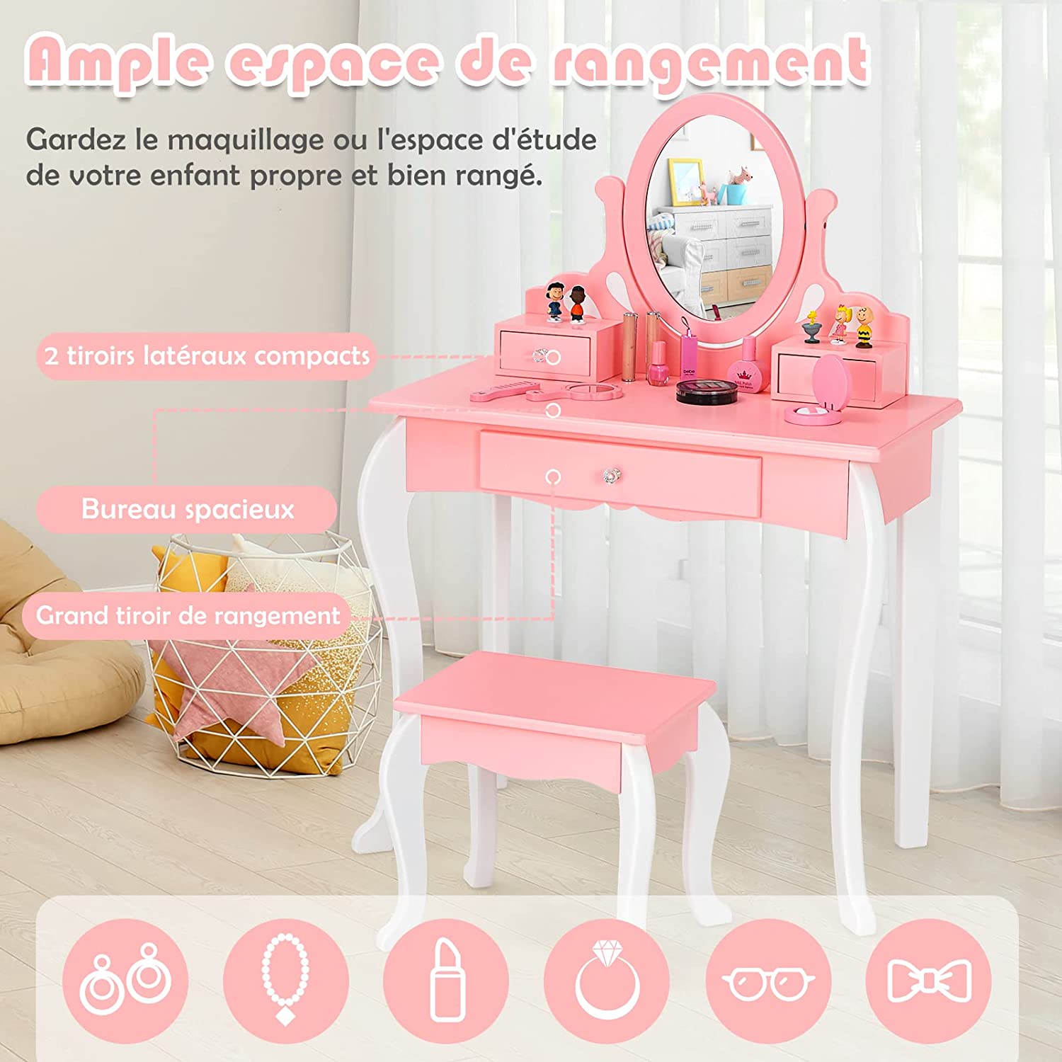 Coiffeuse Avec Tabouret Pour Enfants De Style Princesse Avec Miroir Pivotant À 360° Amovible