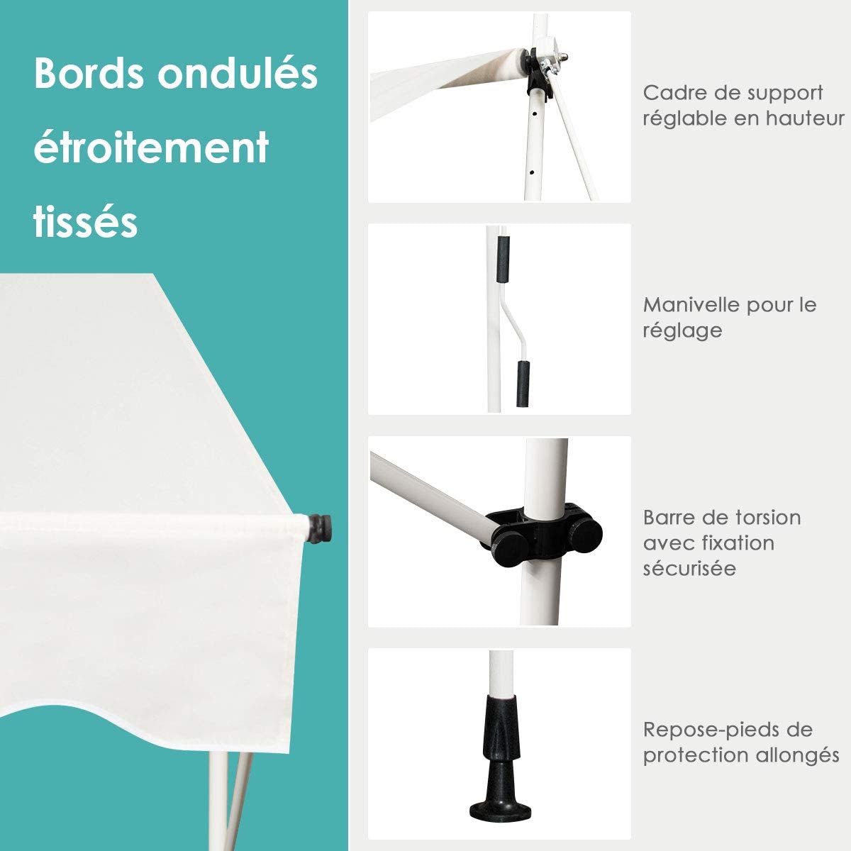 Auvent Rétractable Manuel 150x125cm Hauteur Réglable 2-3m Sans Perçage En Métal Et Tissu