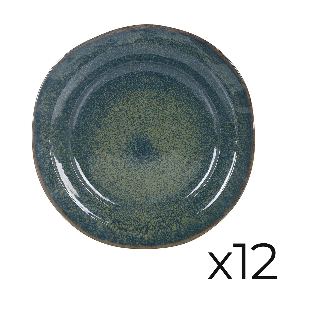Set De 12 Assiettes Rondes Nara, Plat De Presentation En Porcelaine Bleu-vert Foncé - D 30 X H 3 Cm