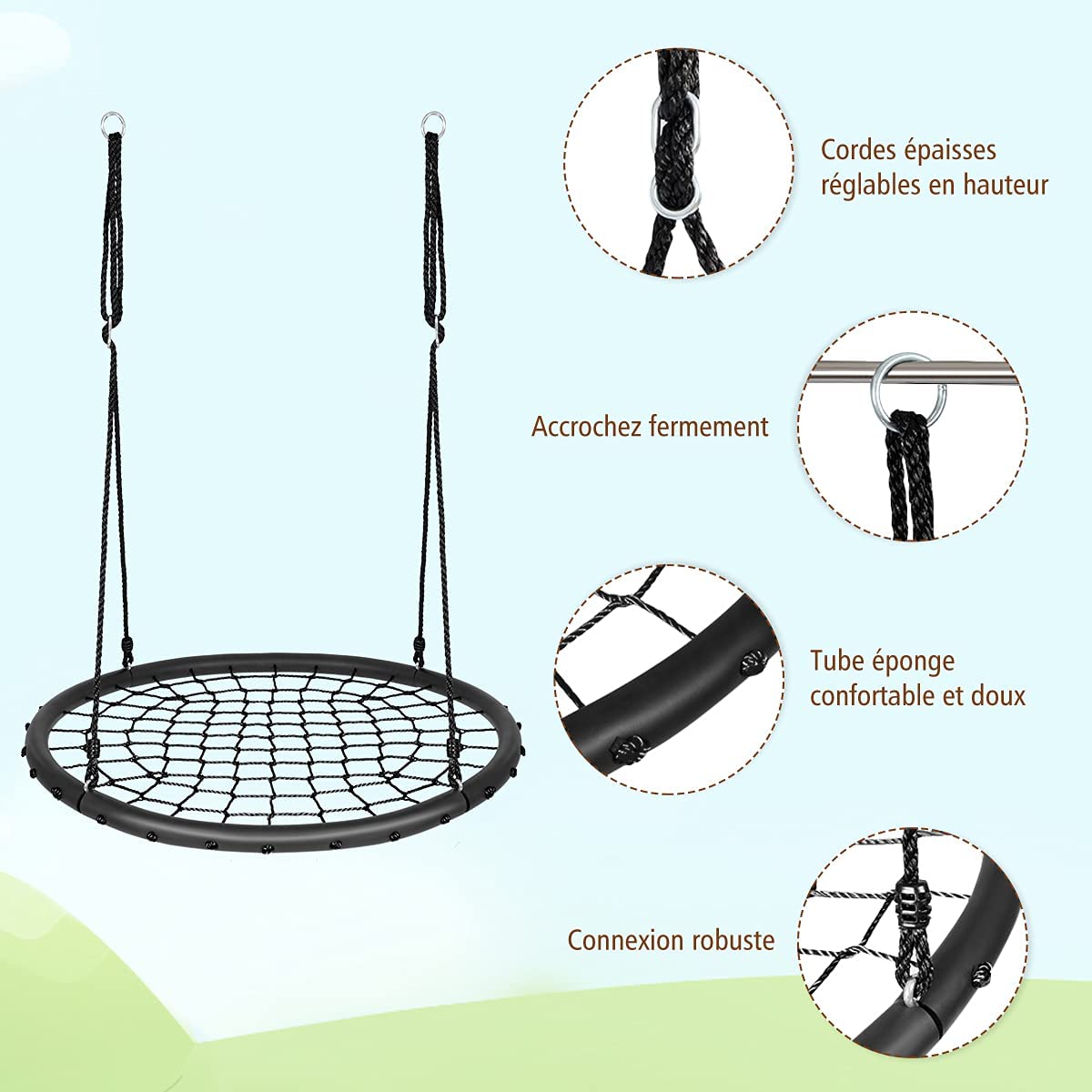 KANGUI Balançoire Nid D'Oiseau Ronde – 100 Cm – Bleue – Charge 150 Kg – Hauteur Réglable 140-180 Cm – Corde 10 Mm