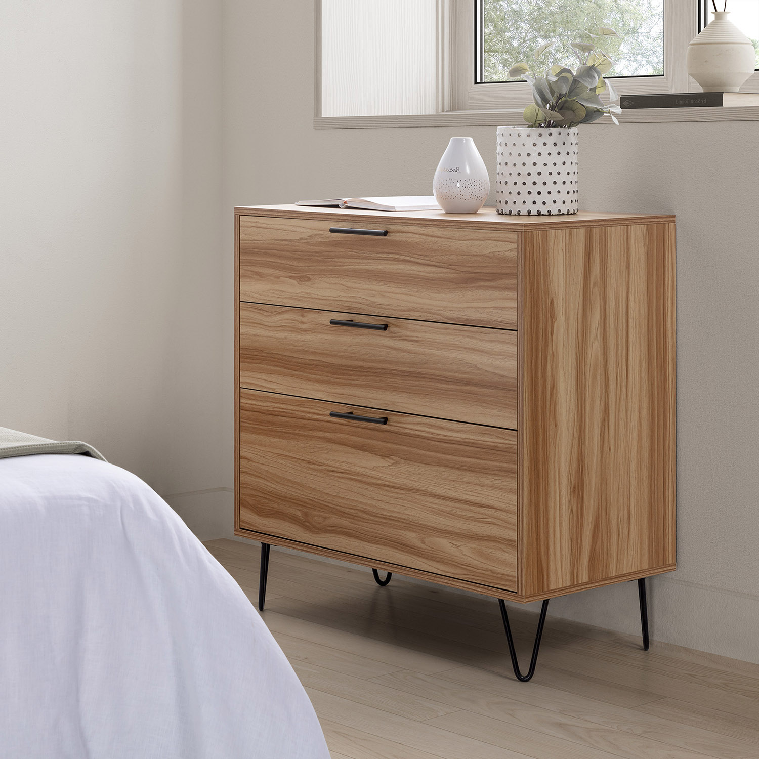 Commode De Nuit Alma 3 Tiroirs, Coloris Bois, Pieds Métal
