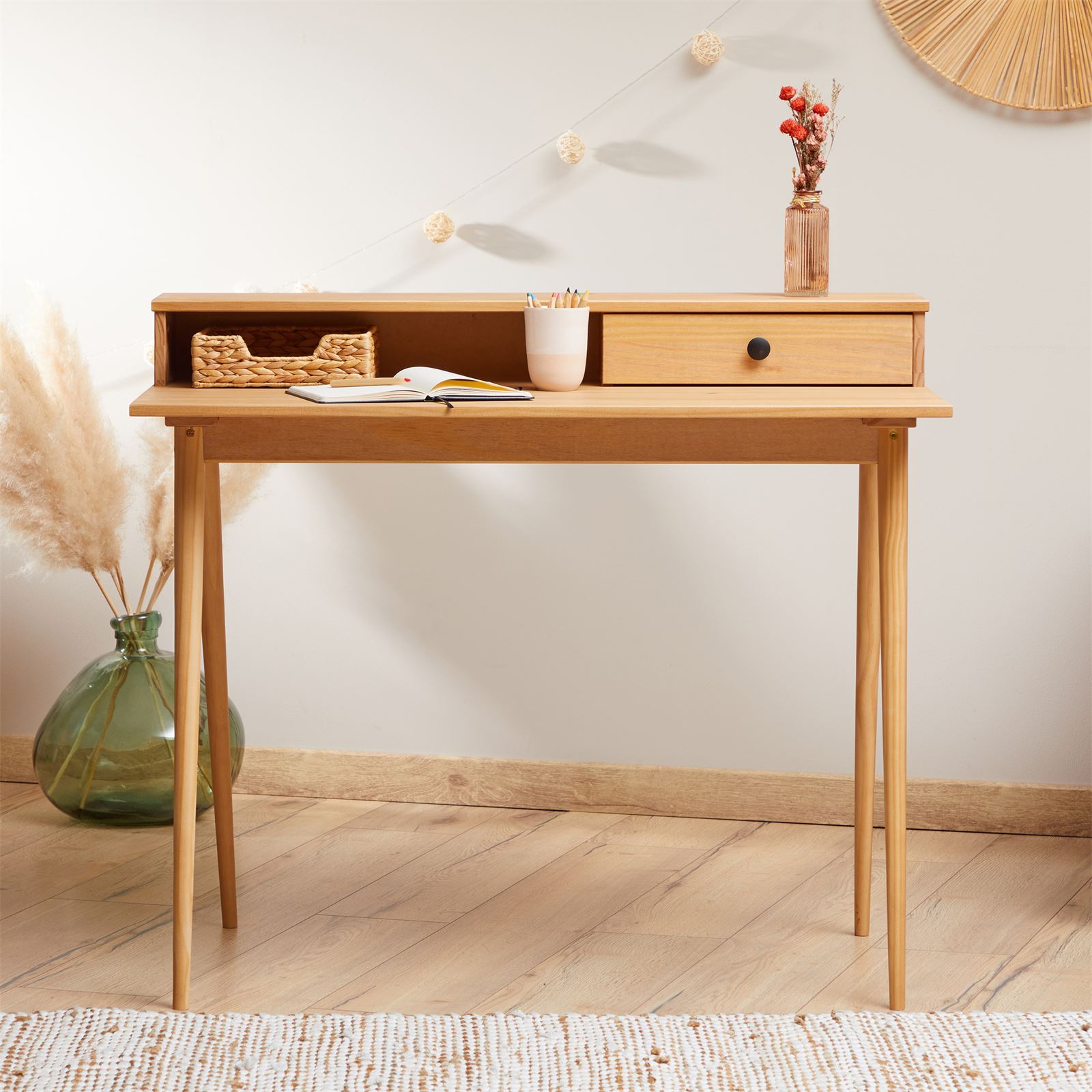 Bureau Malina En Pin Massif Avec 1 Tiroir Lasuré Brun