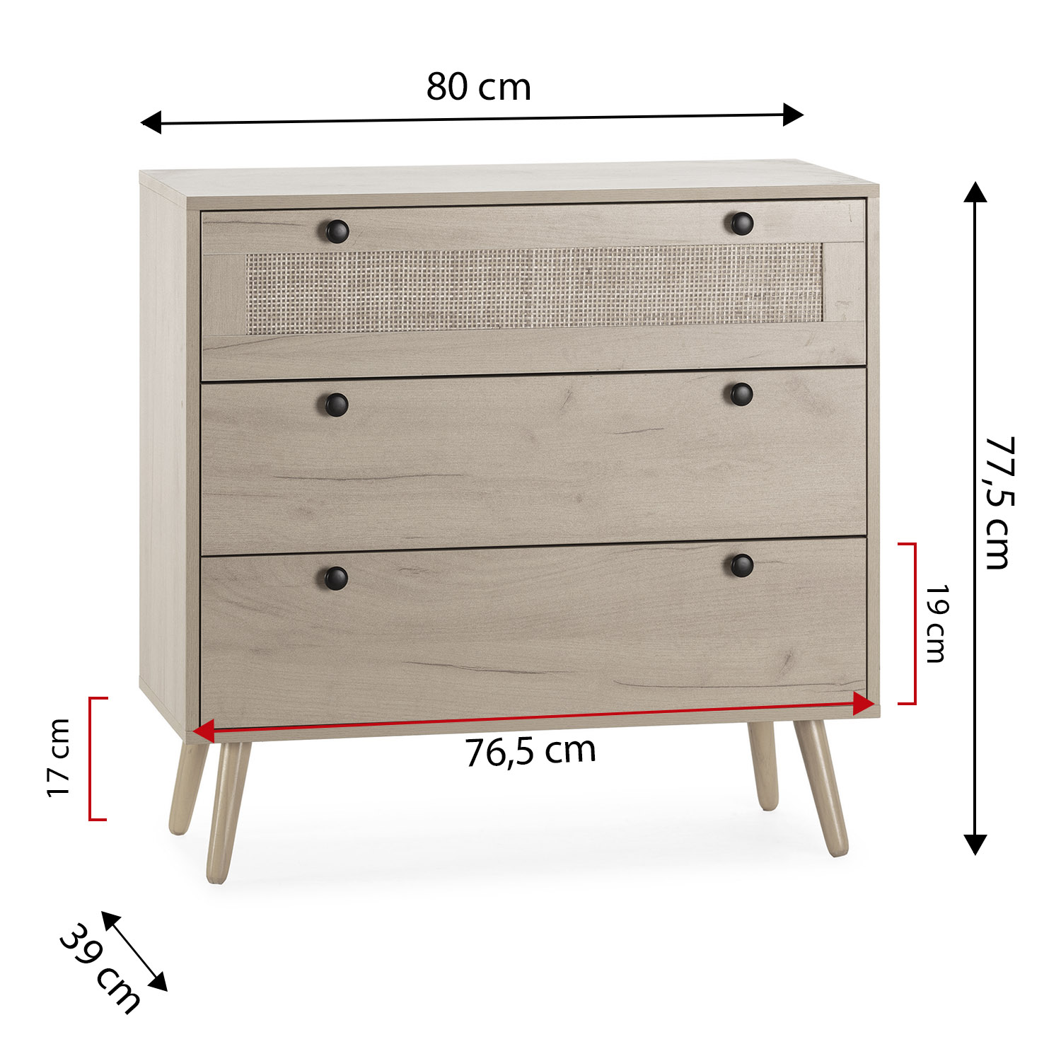Commode Nuit Bella 3 Tiroirs Couleur Chêne Avec Rotin Naturel